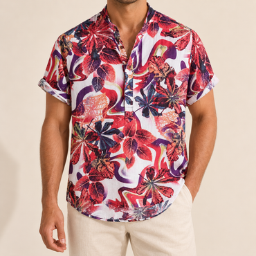 Model wearing a red and purple botanical shirt with a band collar