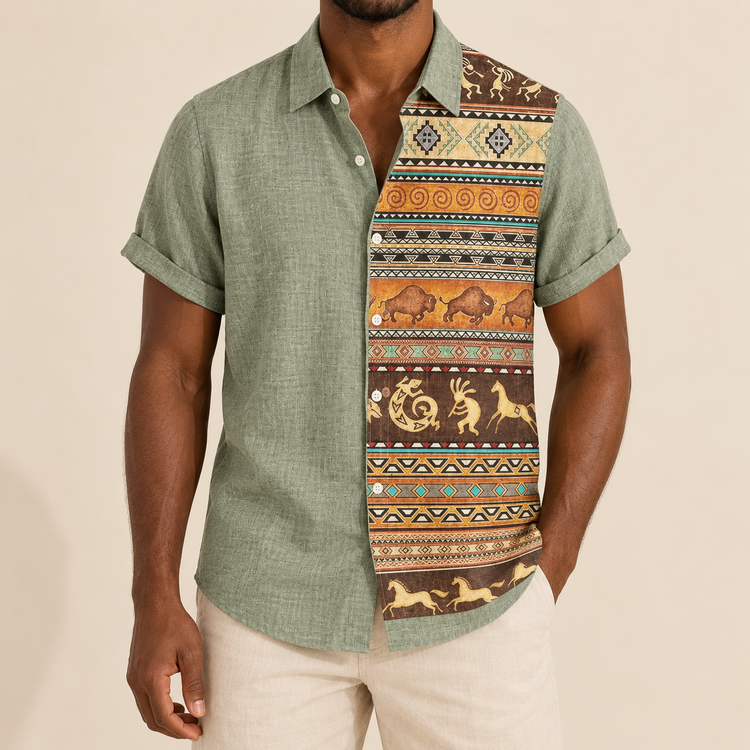Model wearing sage green short-sleeve shirt with a contrasting geometric and illustrated panel