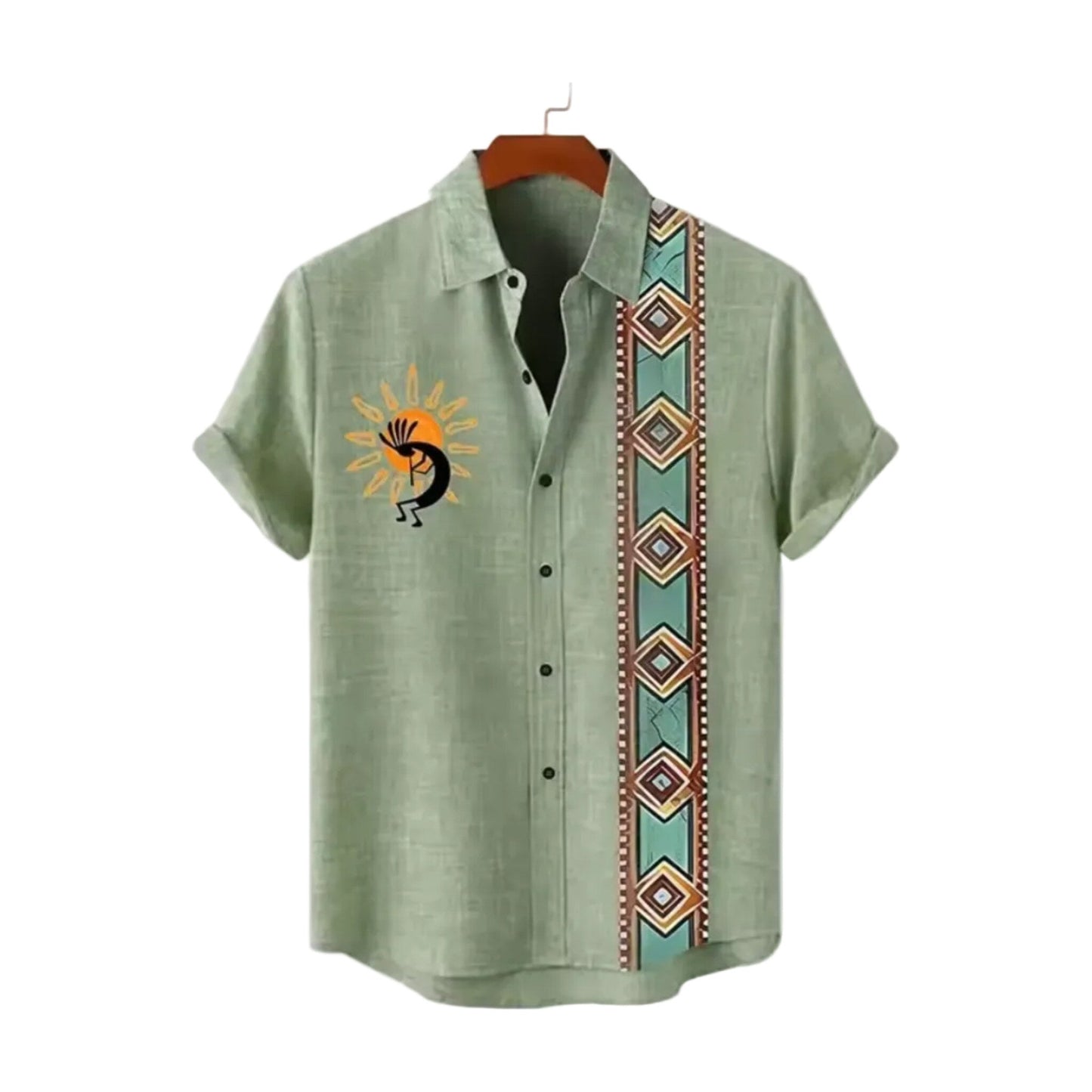 Sage green Kokopelli Aztec camp collar shirt for men in cotton-linen - Dan Flashes