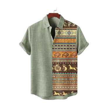 Sage green tribal animal panel camp collar shirt for men in- - Dan Flashes