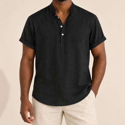 Model wearing a black short-sleeve band-collar shirt with a short button placket