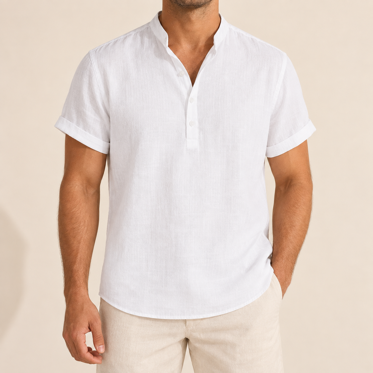 Model wearing a white short-sleeve shirt with a stand collar and partial button front