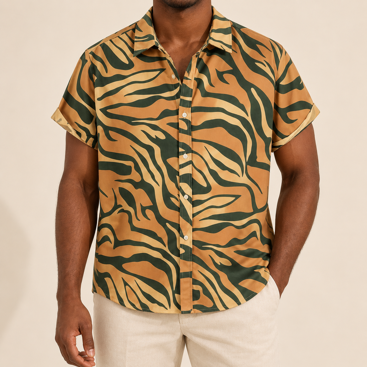 Model wearing tan short-sleeve shirt with dark green zebra-style stripes