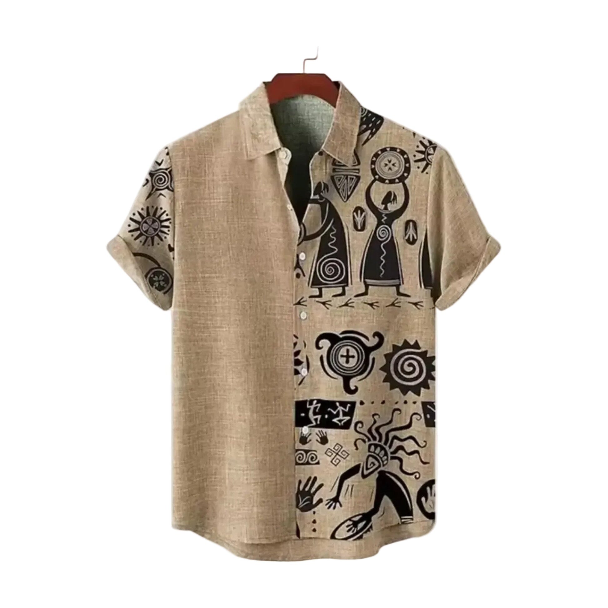 Tan and black tribal cave art camp collar shirt for men in cotton-linen - Dan Flashes