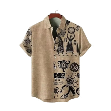 Tan and black tribal cave art camp collar shirt for men in- - Dan Flashes