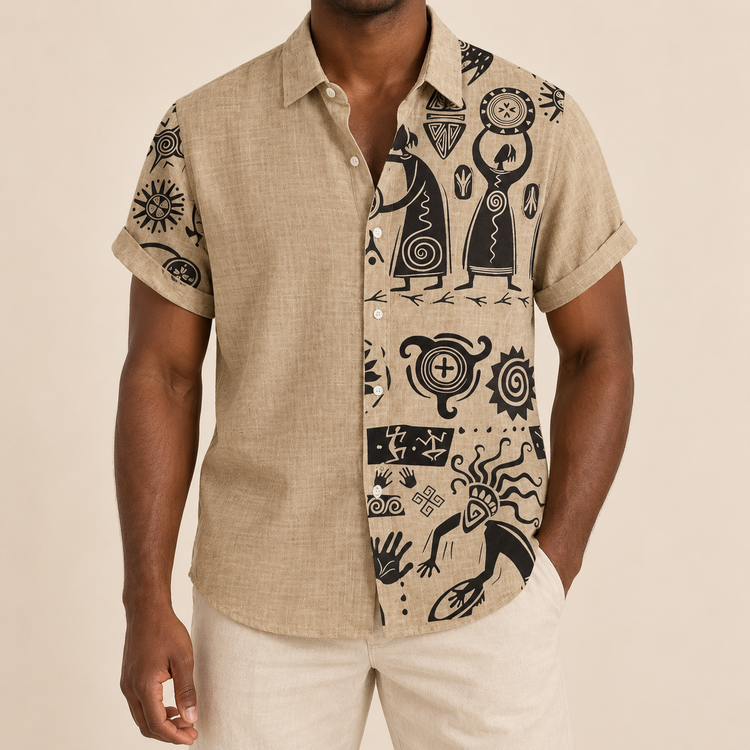 Model wearing tan short-sleeve shirt with dark illustrated figures and symbols on one panel