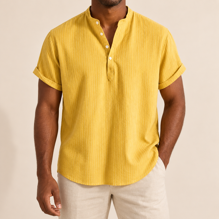 Model wearing a yellow band-collar shirt with fine vertical texture