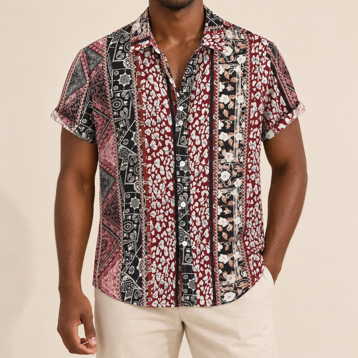 Model wearing a burgundy, black and cream shirt with vertical floral borders