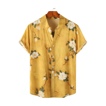 Yellow floral print camp collar shirt for men - Dan Flashes