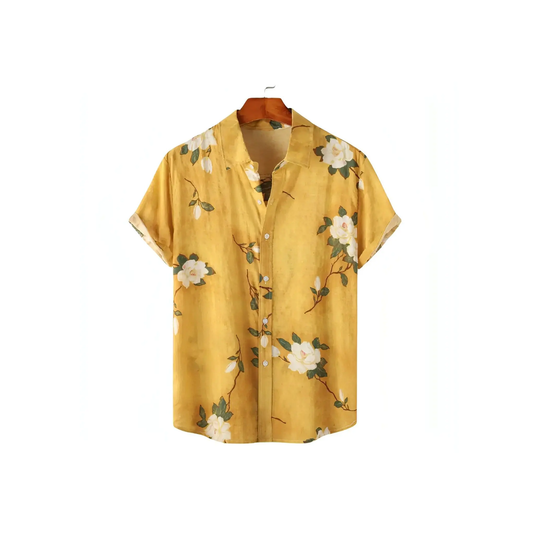 Yellow floral print camp collar shirt for men in bamboo hemp - Dan Flashes